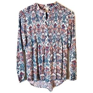 Sundance Paisley Pleated Half Button Peasant Long Sleeve Blouse